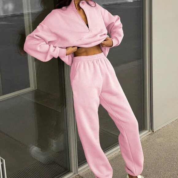 Tops - Pink Casual Women's Zipper Half Placket Drop Shoulder Sweatshirt And Jogger Pant